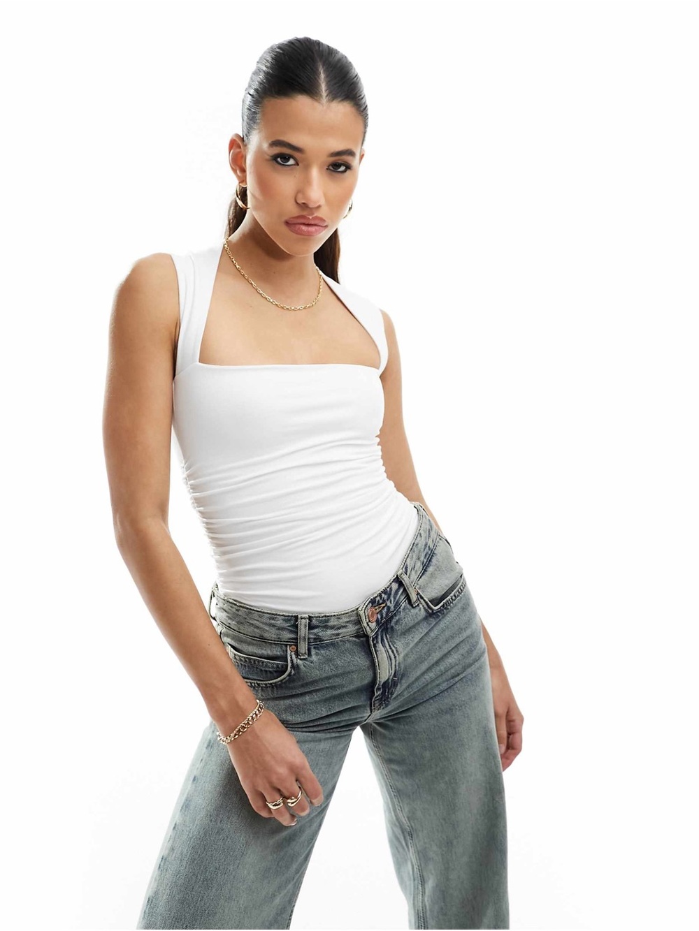 Abercrombie & Fitch Square Neck bodysuit ruched, light blue colorway, sz S,nwt🩵 - Picture 3 of 9